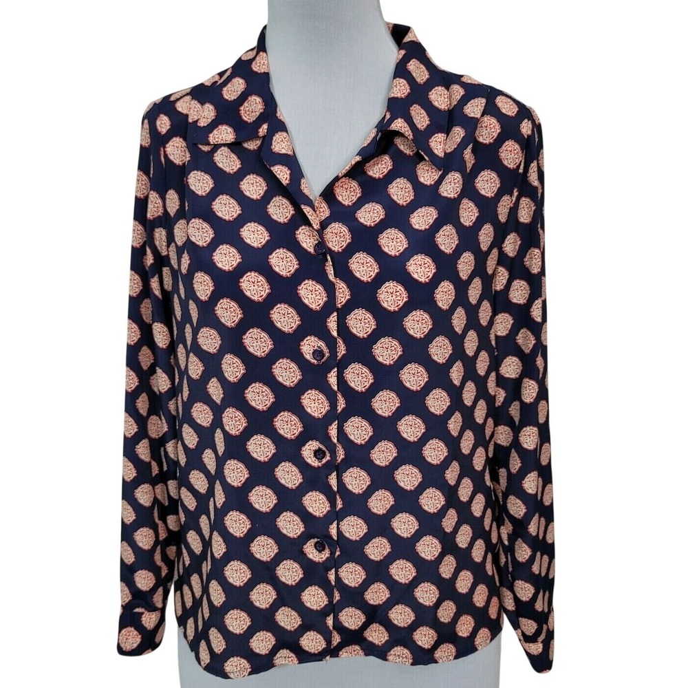 90s Worthington Essentials Womens 10 Navy‎ Blue Medallion Print Button Up Blouse